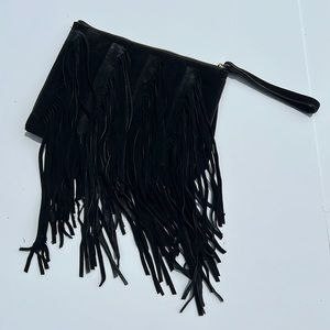 Forever 21 Genuine Leather Tassel Fringe Black Purse Clutch Wristlet